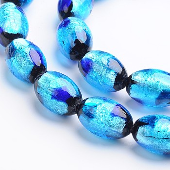 Handmade Silver Foil Glass Oval Beads, Dodger Blue, 12x8mm, Hole: 1mm