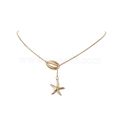 304 Stainless Steel Shell with Star Pendant Lariat Necklace for Women(NJEW-JN04208-01)-6