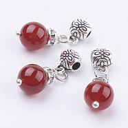 Natural Agate Pendants, with Alloy Findings, Round, Antique Silver, Dyed, Red, 24x8mm, Hole: 2.5mm(G-K192-A02)