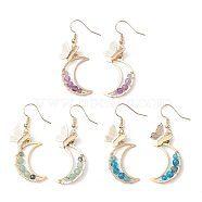 3 Pairs 3 Styles Butterfly & Moon 304 Stainless Steel Dangle Earrings, Natural Mixed Stone Beaded Drop Earrings, Golden, 50x18mm, 1 Pair/style(EJEW-TA00415)