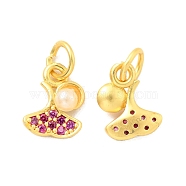 ABS Plastic Imitation Pearl Pendants, with Cubic Zirconia & Brass Findings and Jump Rings, Cadmium Free & Lead Free, Ginkgo Biloba Leaf with Round, Matte Gold Color, 13mm, Hole: 3.6mm(KK-G429-09MG)