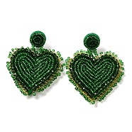 Saint Patrick's Day Glass Seed Beaded Dangle Stud Earrings, 304 Stainless Steel Long Drop Earrings, Heart, 60~67x48~50mm(EJEW-F327-01C)