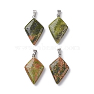 Natural Unakite Pendants, Kite Charms with Stainless Steel Color Plated Stainless Steel Snap on Bails, 28~28.5x18x5.5~6mm, Hole: 5.5x3.5mm(G-C110-05B-P)