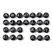 Handmade Lampwork Beads, with Golden Plated Brass Etched Metal Embellishments, Flat Round with Letter A~Z, Black, 8x5mm, Hole: 0.8mm, about 26pcs/set(LAMP-S196-001)