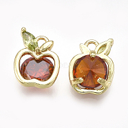 Cubic Zirconia Charms, with Brass Findings, Apple, Red, Real 18K Gold Plated, 9.5x7.5x4mm, Hole: 1mm(X-KK-S348-168)