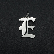 304 Stainless Steel Pendants, with Jump Ring, Old English, Letter, Laser Cut, Stainless Steel Color, Letter.E, 16x12x1mm, Hole: 3mm(STAS-R111-JA565-E)