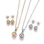 304 Stainless Steel Jewelry Sets, Pendant Necklaces and Stud Earrings, Ball, Mixed Color, 17.71 inch(45cm), 19x8mm, Pin: 0.7mm(STAS-I108-05)