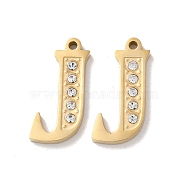 Real 14K Gold Plated 304 Stainless Steel Pendants, with Rhinestone, Letter J, 18x9.5x2mm, Hole: 1.2mm(STAS-L022-157G-J)