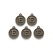 Alloy Pendant Cabochon Settings, For Enamel, Cadmium Free & Lead Free, Flat Round with Letter, Antique Bronze, Letter.E, 14x12x2mm, Hole: 1.5mm(PALLOY-N156-01E-AB)