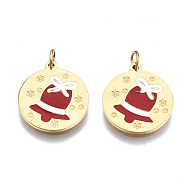 316 Surgical Stainless Steel Enamel Charms, with Jump Rings, for Christmas, Flat Round with Bell, Real 14K Gold Plated, 13.5x12x1mm, Jump Ring: 3.4x0.5mm, 2.4mm inner diameter(STAS-S116-390G)
