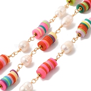 Natural Pearl Beaded Chains, Heishi Polymer Clay Link Chains, with Golden Tone Brass Findings, with Spool, Cadmium Free & Lead Free, Mixed Color, Polymer Clay Link: 22.5x6mm, Pearl: 15.5~16x5.5x6mm(CHC-M024-09G)