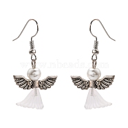 Lovely Wedding Dress Angel Dangle Earrings, with Tibetan Style Beads, Glass Pearl Beads, Transparent Acrylic Beads and Brass Earring Hooks, White, 40mm(EJEW-JE00521-09)