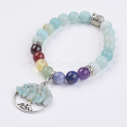 Chakra Jewelry Natural Gemstone Beads and Flower Amazonite Charm Bracelet, with Tibetan Style Beads, Flat Round with Tree of Life, 2 inch(50mm)(BJEW-JB03608-04)