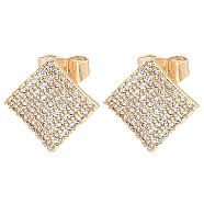 Brass Micro Pave Clear Cubic Zirconia Rhombus Stud Earrings for Women, Light Gold, 13x13mm(EJEW-G362-09KCG)