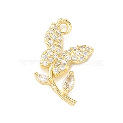 Brass Micro Pave Cubic Zirconia Charms, Butterfly with Leaf Charm, Real 18K Gold Plated, 18x12x2.5mm, Hole: 1.6mm(KK-P228-45G)