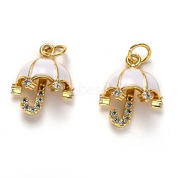 Brass Clear Cubic Zirconia Pendants, Long-Lasting Plated, Real 18K Gold Plated, with Enamel and Jump Ring, Umbrella, White, 16x12.5x7mm(KK-B028-16G)