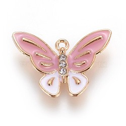 Zinc Alloy Pendants, with Enamel and Rhinestone, Butterfly, Light Gold, Pink, 18x25.5x3.5mm, Hole: 1mm(X-ENAM-P163-19B)