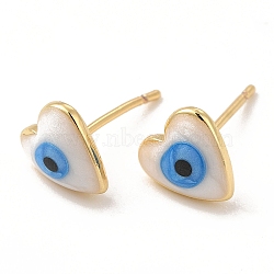 Enamel Heart with Evil Eye Stud Earrings, Real 18K Gold Plated Brass Jewelry for Women, White, 8x8mm, Pin: 0.7mm(EJEW-E274-02G-07)