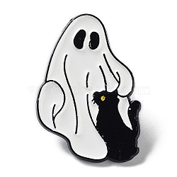 Ghost with Black Cat Alloy Enamel Brooch, Halloween Pins, White, 29.5x20x1.5mm(JEWB-E034-02EB-04)