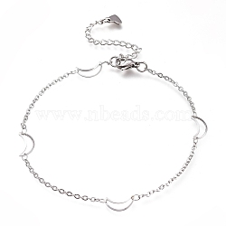 304 Stainless Steel Cable Chain Anklets, with Moon Links and Lobster Claw Clasps, Stainless Steel Color, 9-1/8 inch(23cm)(AJEW-M026-02P)