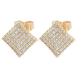 Brass Micro Pave Clear Cubic Zirconia Rhombus Stud Earrings for Women, Light Gold, 13x13mm(EJEW-G362-09KCG)