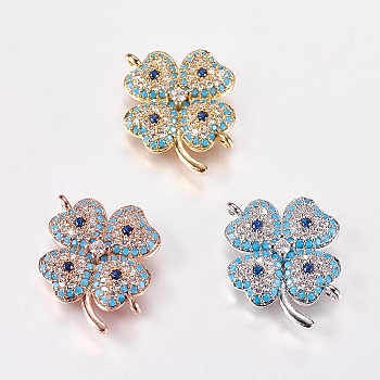 Brass Micro Pave Cubic Zirconia Links, Clover, Nickel Free & Lead Free & Cadmium Free, Mixed Color, 19x20.5x3mm, Hole: 1mm