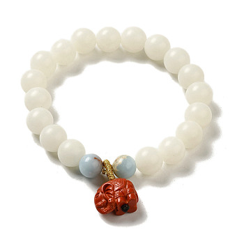 Round Natural White Jade Stretch Bracelets, with Elephant Cinnabar and Natural Shoushan Stone , Inner Diameter: 5.5cm
