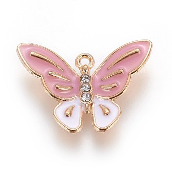 Zinc Alloy Pendants, with Enamel and Rhinestone, Butterfly, Light Gold, Pink, 18x25.5x3.5mm, Hole: 1mm