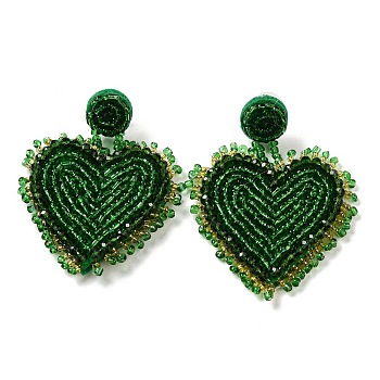 Saint Patrick's Day Glass Seed Beaded Dangle Stud Earrings, 304 Stainless Steel Long Drop Earrings, Heart, 60~67x48~50mm