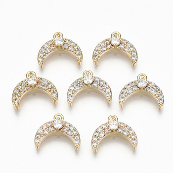 Brass Micro Pave Clear Cubic Zirconia Charms, Nickel Free, Moon, Real 18K Gold Plated, 12x13x3.5mm, Hole: 1.4mm