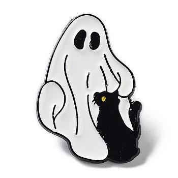 Ghost with Black Cat Alloy Enamel Brooch, Halloween Pins, White, 29.5x20x1.5mm