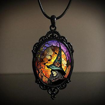 Oval Gothic Alloy Glass Halloween Pendant Necklaces for Women, Black, Witch, 17.72 inch(45cm)