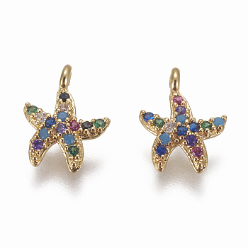 Brass Micro Pave Cubic Zirconia Charms, Starfish/Sea Stars, Colorful, Golden, 10.5x8x2mm, Hole: 1mm