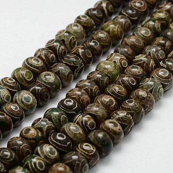 Tibetan Style 3-Eye dZi Beads Strands, Natural Agate Beads, Dyed & Heated, Rondelle, Dark Olive Green, 14~14.5x9.5~10mm, Hole: 2.5mm, about 37pcs/strand, 14.2 inch(360mm)
