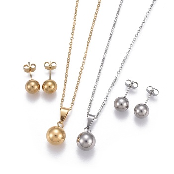 304 Stainless Steel Jewelry Sets, Pendant Necklaces and Stud Earrings, Ball, Mixed Color, 17.71 inch(45cm), 19x8mm, Pin: 0.7mm