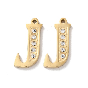 Real 14K Gold Plated 304 Stainless Steel Pendants, with Rhinestone, Letter J, 18x9.5x2mm, Hole: 1.2mm