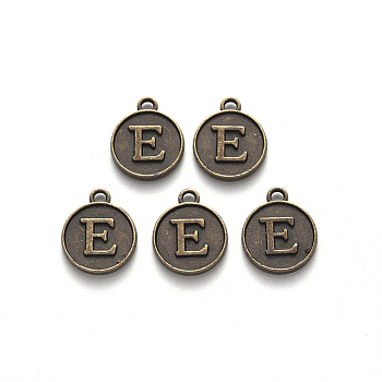 Alloy Pendant Cabochon Settings, For Enamel, Cadmium Free & Lead Free, Flat Round with Letter, Antique Bronze, Letter.E, 14x12x2mm, Hole: 1.5mm