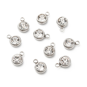 201 Stainless Steel Rhinestone Charms, April Birthstone Charms, Flat Round, Stainless Steel Color, Crystal, 8.5x6x3mm, Hole: 1.5mm