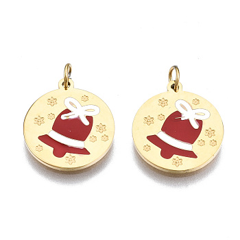 316 Surgical Stainless Steel Enamel Charms, with Jump Rings, for Christmas, Flat Round with Bell, Real 14K Gold Plated, 13.5x12x1mm, Jump Ring: 3.4x0.5mm, 2.4mm inner diameter