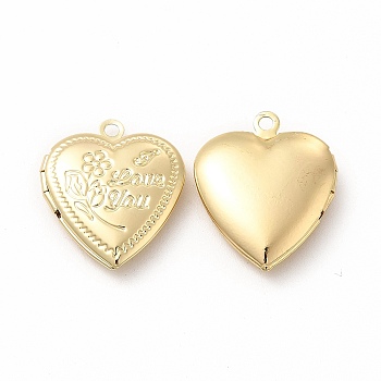 Brass Locket Pendants, Photo Frame Charms for Necklaces, Long-Lasting Plated, Heart with Flower & Word Love You Charm, Real 18K Gold Plated, 22.5x19.5x5.5mm, Hole: 1.8mm