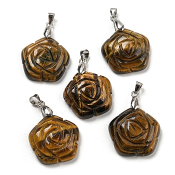 Natural Tiger Eye Carved Pendants, Flower Charms with Rack Plating Platinum Plated Brass Pinch Bails, 30x22.5x7.5mm, Hole: 4.5x4mm