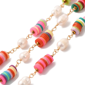 Natural Pearl Beaded Chains, Heishi Polymer Clay Link Chains, with Golden Tone Brass Findings, with Spool, Cadmium Free & Lead Free, Mixed Color, Polymer Clay Link: 22.5x6mm, Pearl: 15.5~16x5.5x6mm