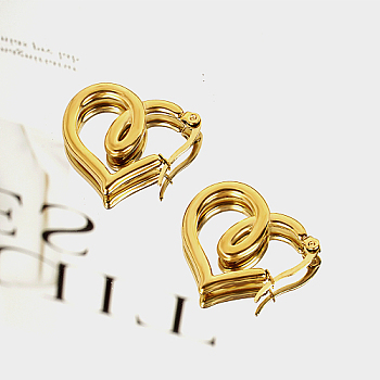 Stainless Steel Hoop Earring for Women, Heart, Real 18K Gold Plated, 25x22mm