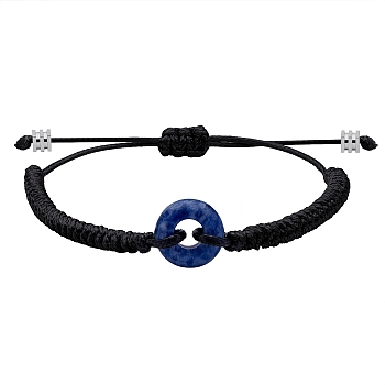Natural Blue Spot Jasper Donut Braided Bead Bracelet, Adjustable Gemstone Bracelet for Women, Black, Inner Diameter: 2~3-3/8 inch(5~8.6cm)