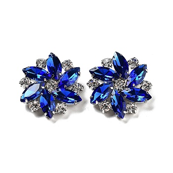 Platinum Alloy Shoe Buckle Clips, with Glass Rhinestone, Flower, Sapphire, 33x10mm