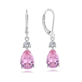 Brass Cubic Zirconia Dangle Earrings, Teardrop, Platinum, Pearl Pink, 33x8mm