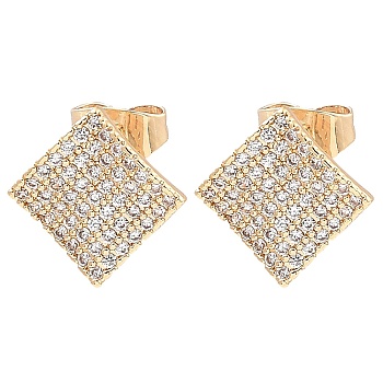 Brass Micro Pave Clear Cubic Zirconia Rhombus Stud Earrings for Women, Light Gold, 13x13mm