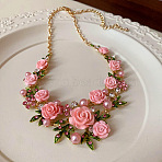 Spring Alloy Rhinestone & Plastic Pearl Rose Flower Garland Bib Necklaces for Women, Golden, Pink, 19.25 inch(48.9cm)(FS-WG9B03D-02)