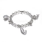 Tarnish Resistant 304 Stainless Steel Charm Bracelets, with 201 Stainless Steel Ring, with Lobster Claw Clasps, Shrimp & Fish & Dolphin, Stainless Steel Color, 7-1/2 inch(19cm), Charm: 8.5x6mm and 17.5~27.5x13~17mm(BJEW-L637-31-P)
