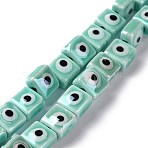 Handmade Porcelain Ceramic Beads Strands, Hand Painted, Famille Rose Style, Square with Evil Eye, Turquoise, 7.5~8x7.5~8x5~5.5mm, Hole: 2mm, about 40pcs/strand, 12.36~12.44 inch(31.4~31.6cm)(LAMP-B021-06I)